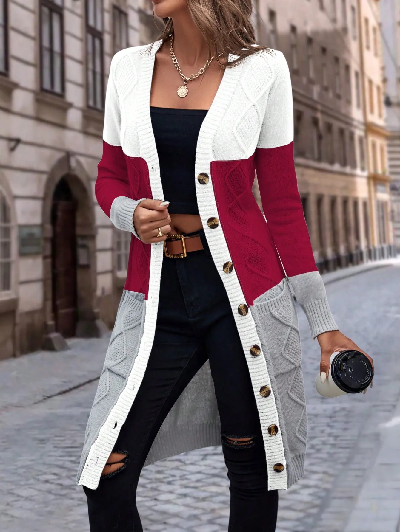 Cable Knit Colour Block Longline V-Neck Cardigan