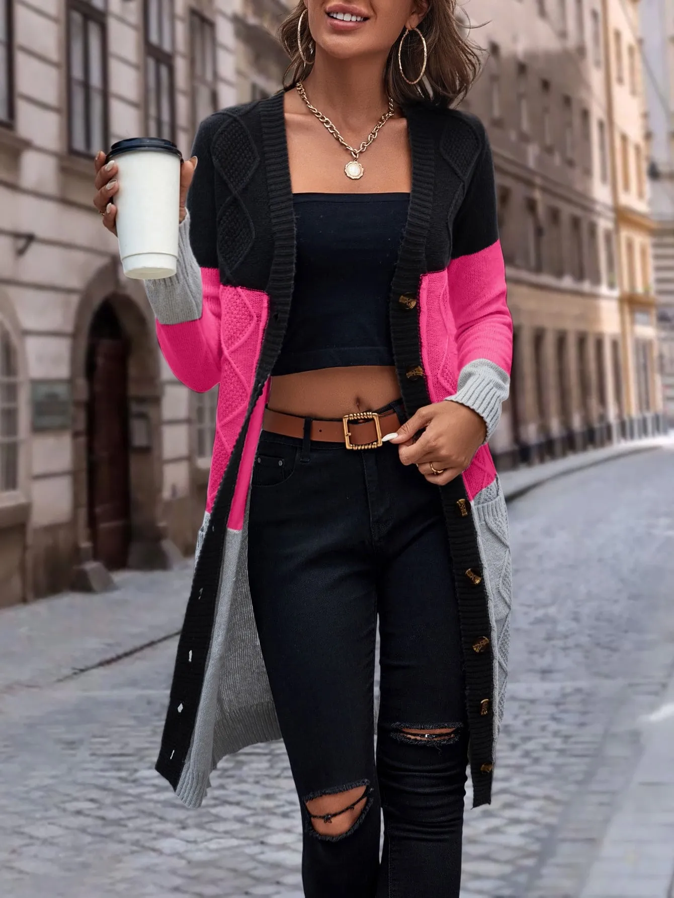 Cable Knit Colour Block Longline V-Neck Cardigan