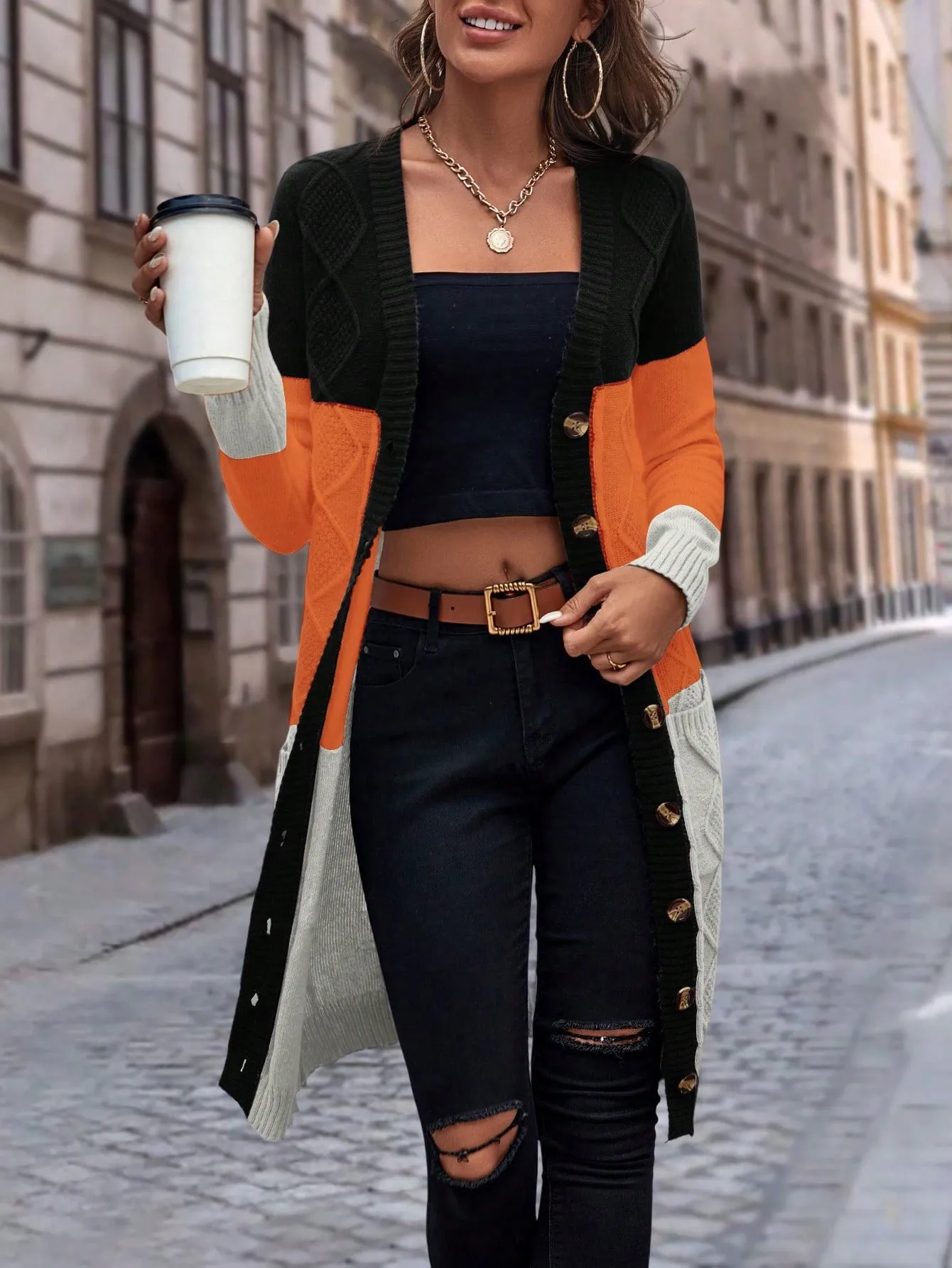 Cable Knit Colour Block Longline V-Neck Cardigan