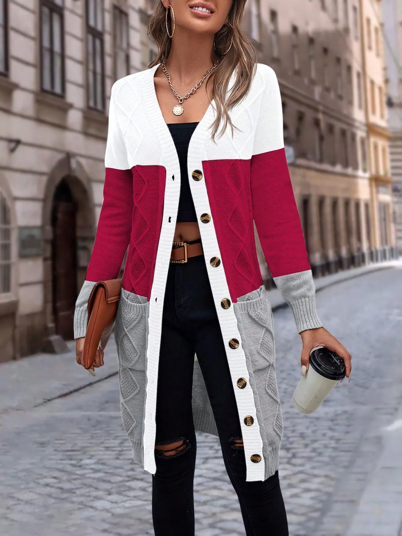 Cable Knit Colour Block Longline V-Neck Cardigan