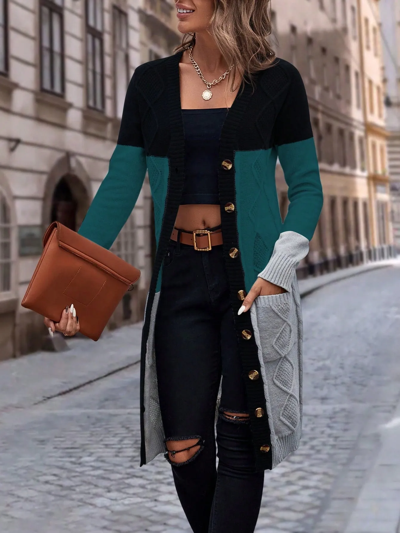 Cable Knit Colour Block Longline V-Neck Cardigan