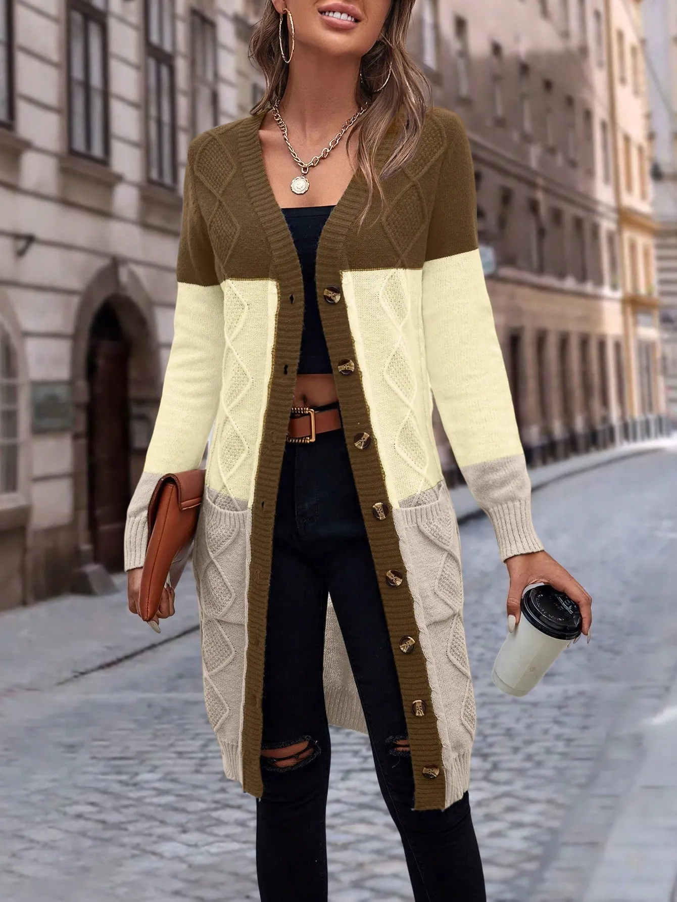 Cable Knit Colour Block Longline V-Neck Cardigan