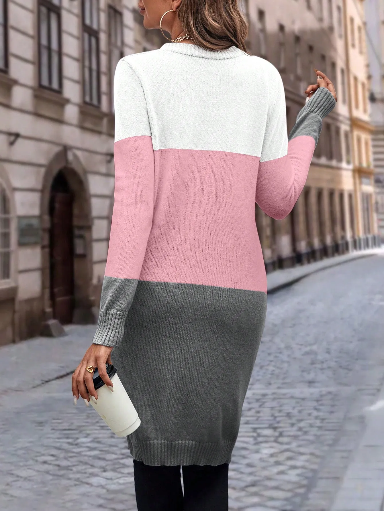 Cable Knit Colour Block Longline V-Neck Cardigan