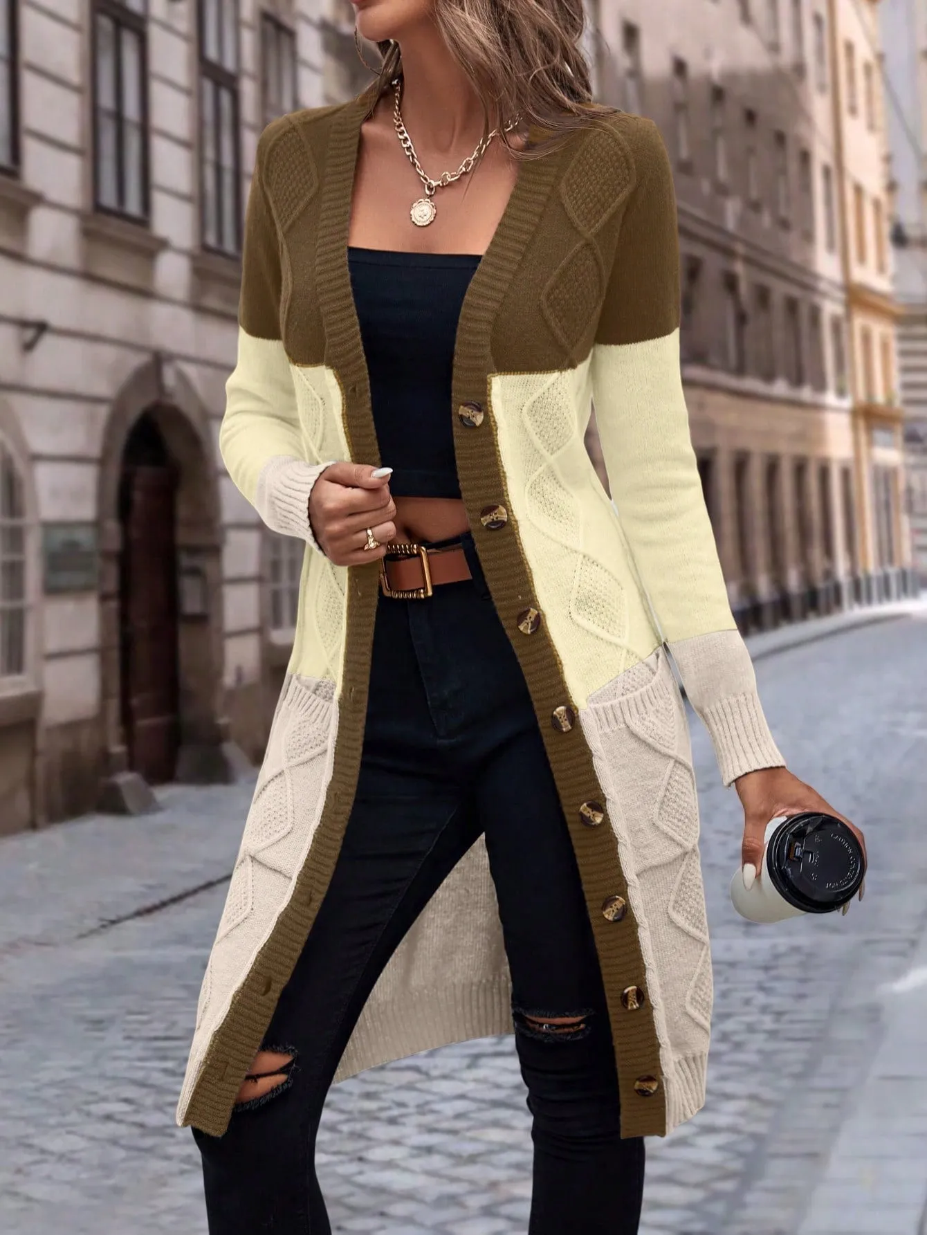 Cable Knit Colour Block Longline V-Neck Cardigan