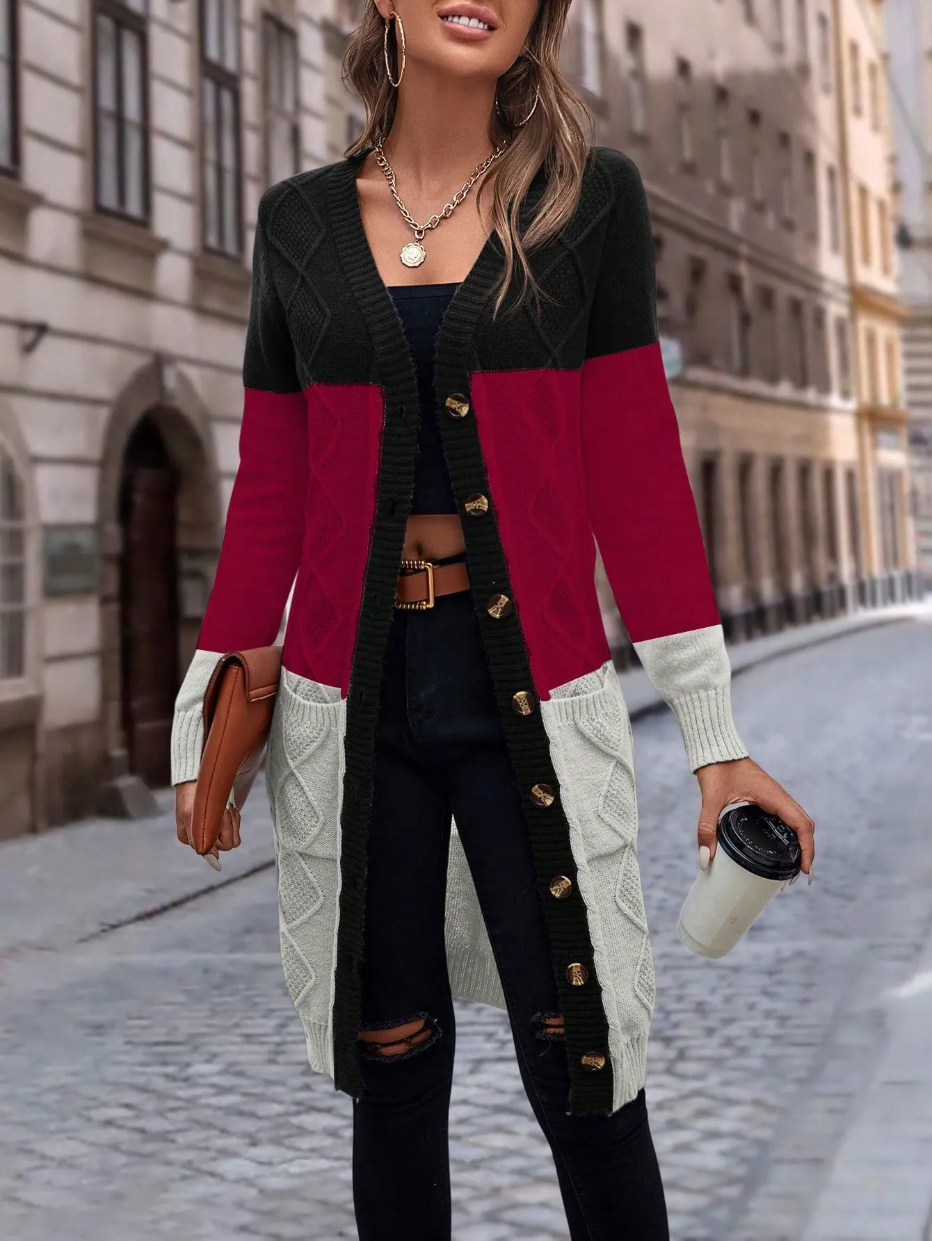 Cable Knit Colour Block Longline V-Neck Cardigan