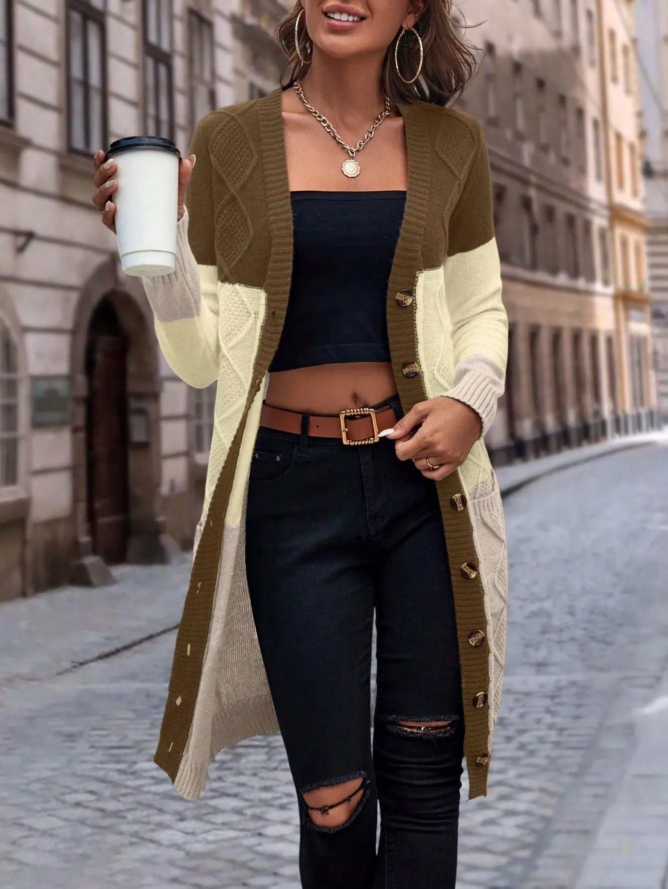 Cable Knit Colour Block Longline V-Neck Cardigan