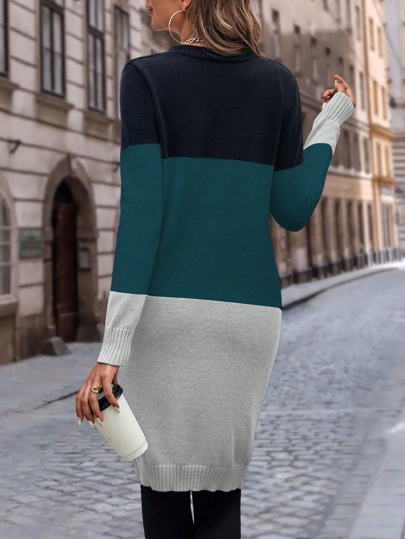 Cable Knit Colour Block Longline V-Neck Cardigan