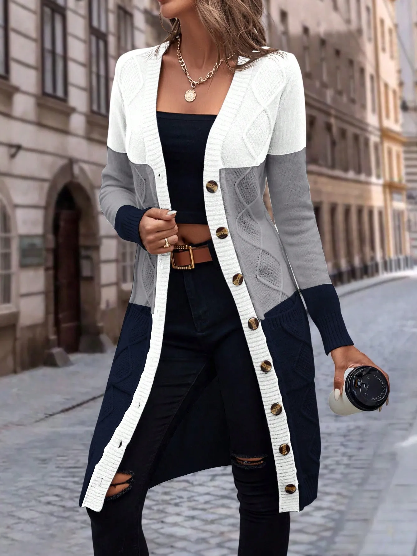 Cable Knit Colour Block Longline V-Neck Cardigan