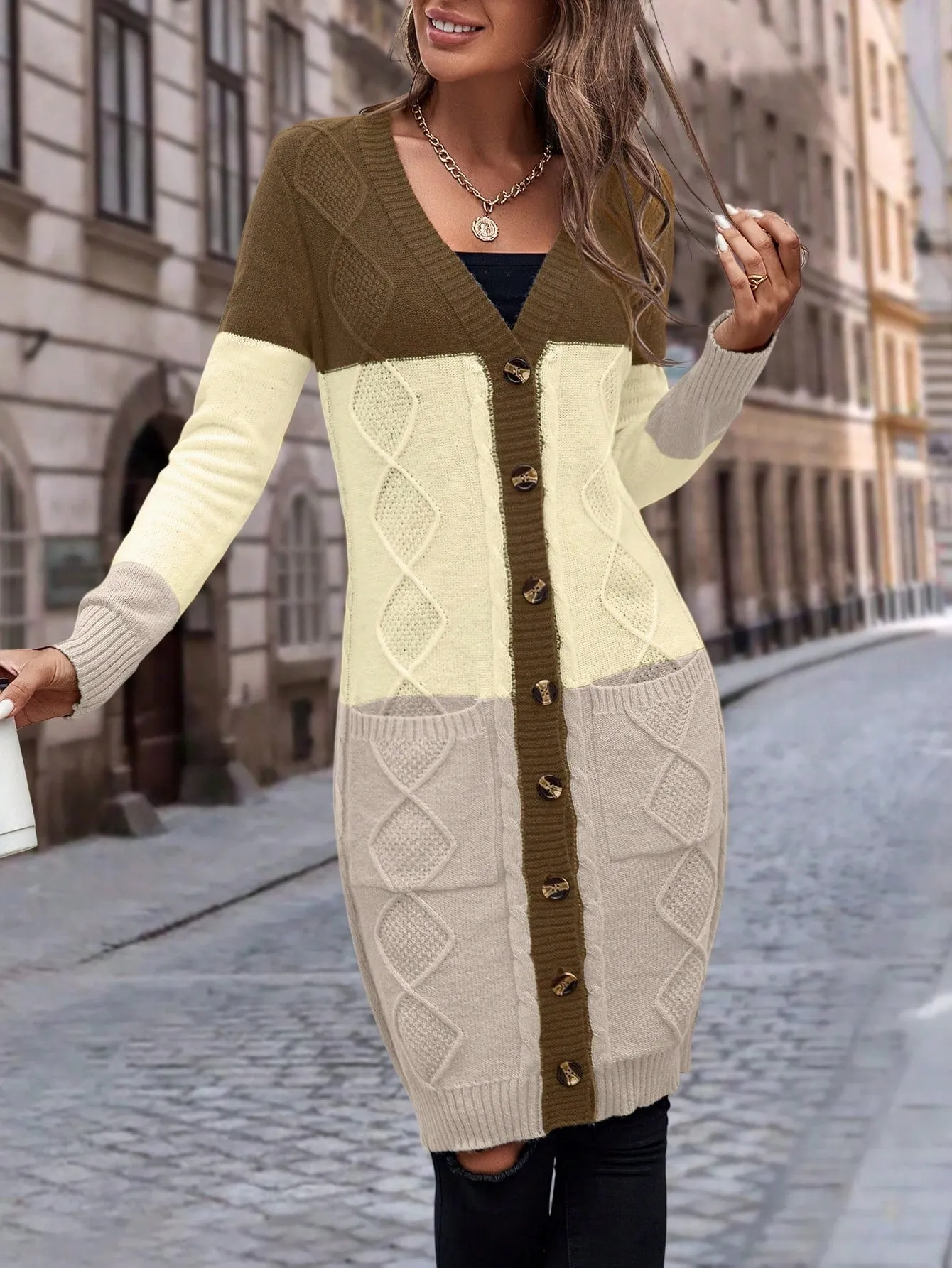Cable Knit Colour Block Longline V-Neck Cardigan