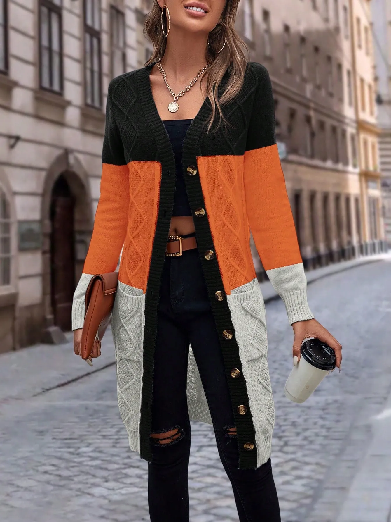 Cable Knit Colour Block Longline V-Neck Cardigan