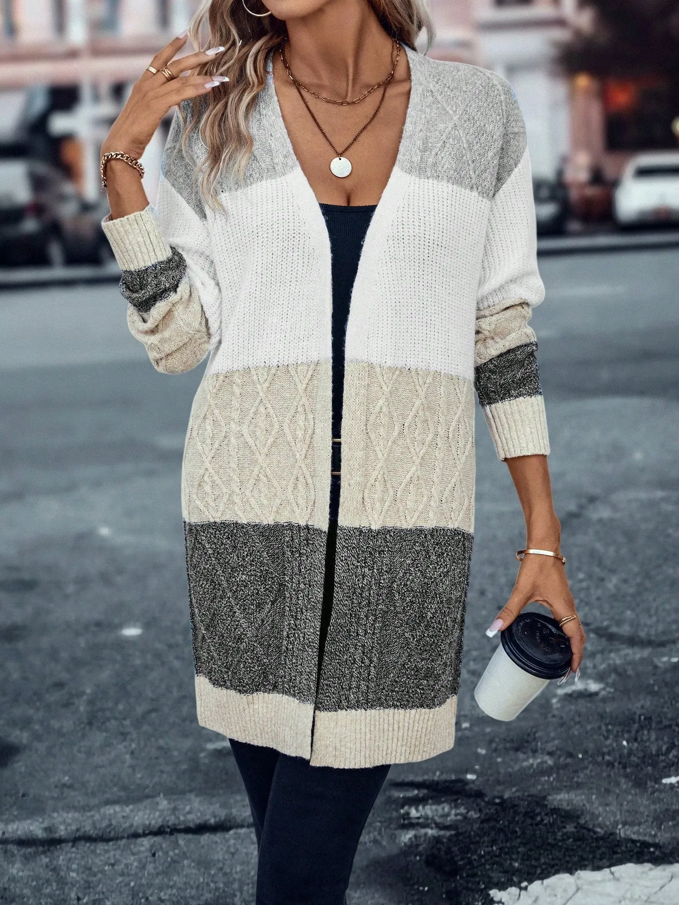 Cable Knit Colour Block Longline V-Neck Cardigan