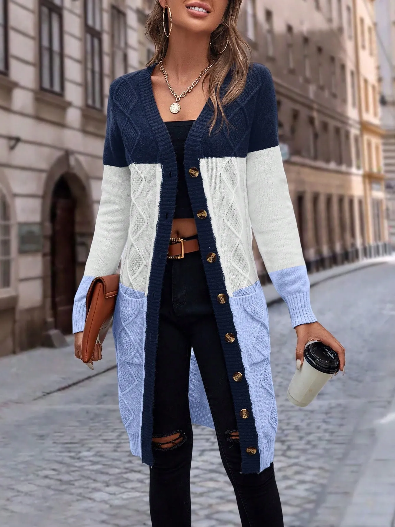Cable Knit Colour Block Longline V-Neck Cardigan