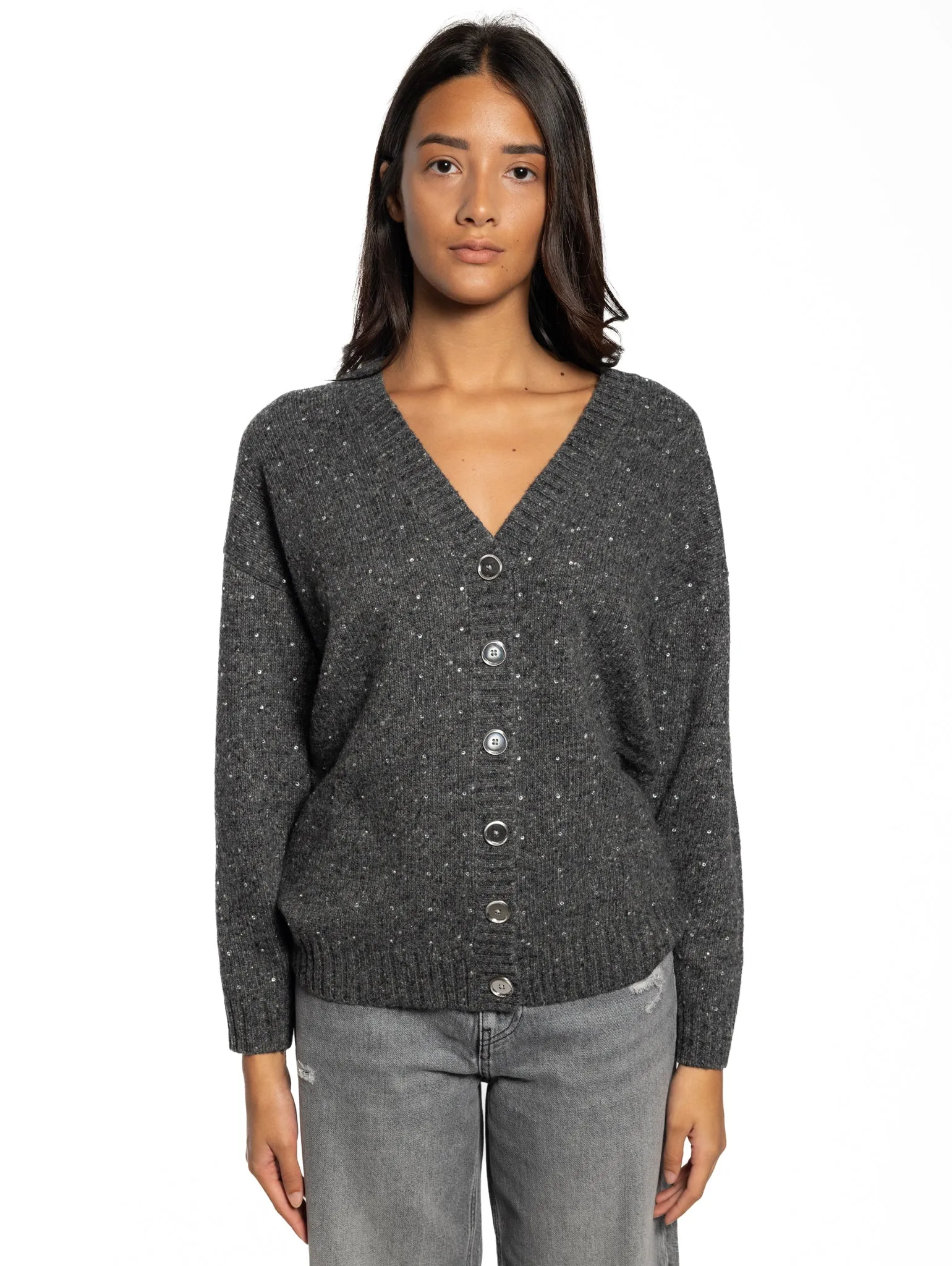 Cardigan a V con Strass Grigio