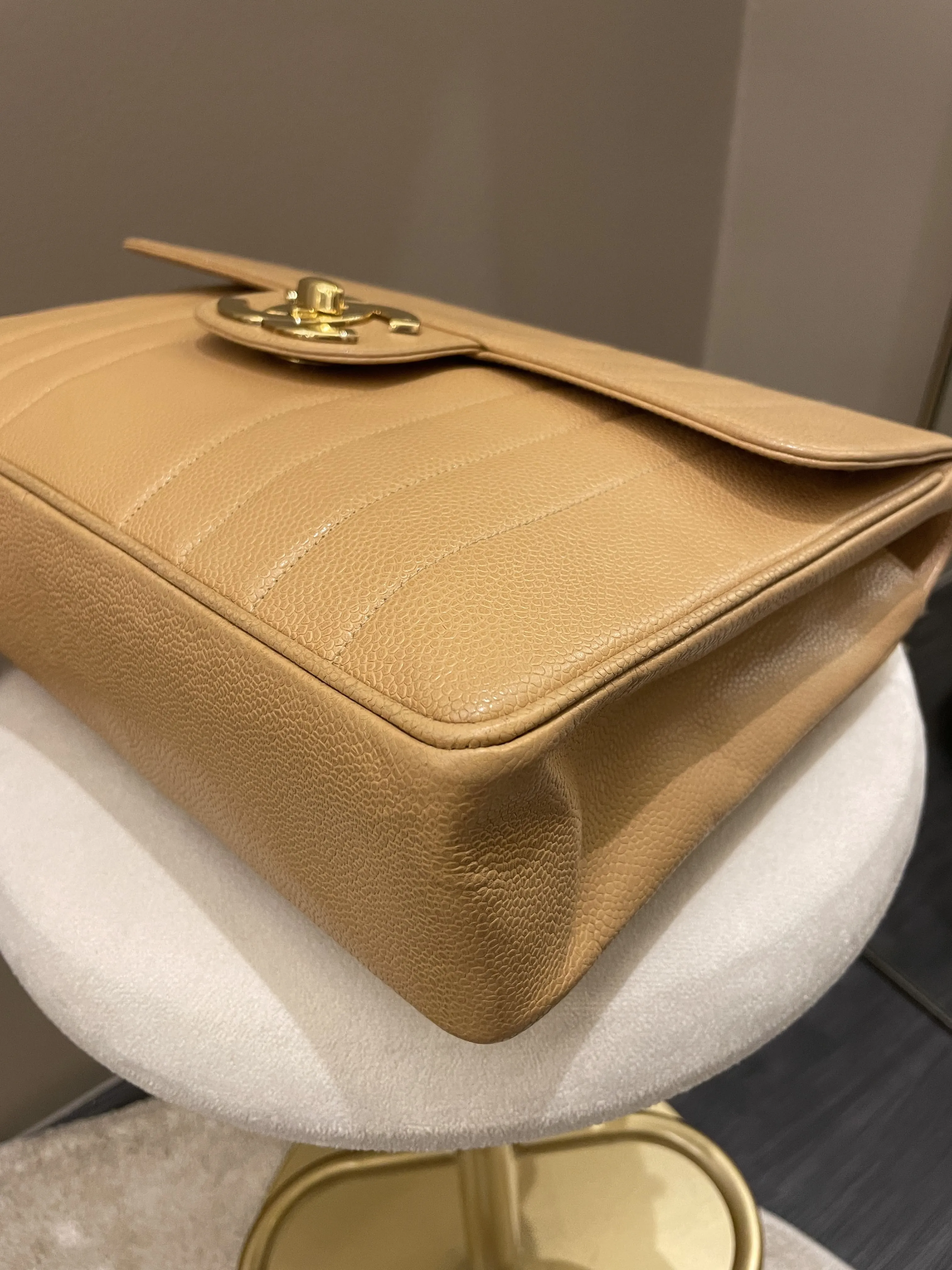 Chanel Vintage Vertical XL Cc Flap Dark Beige Gold Caviar