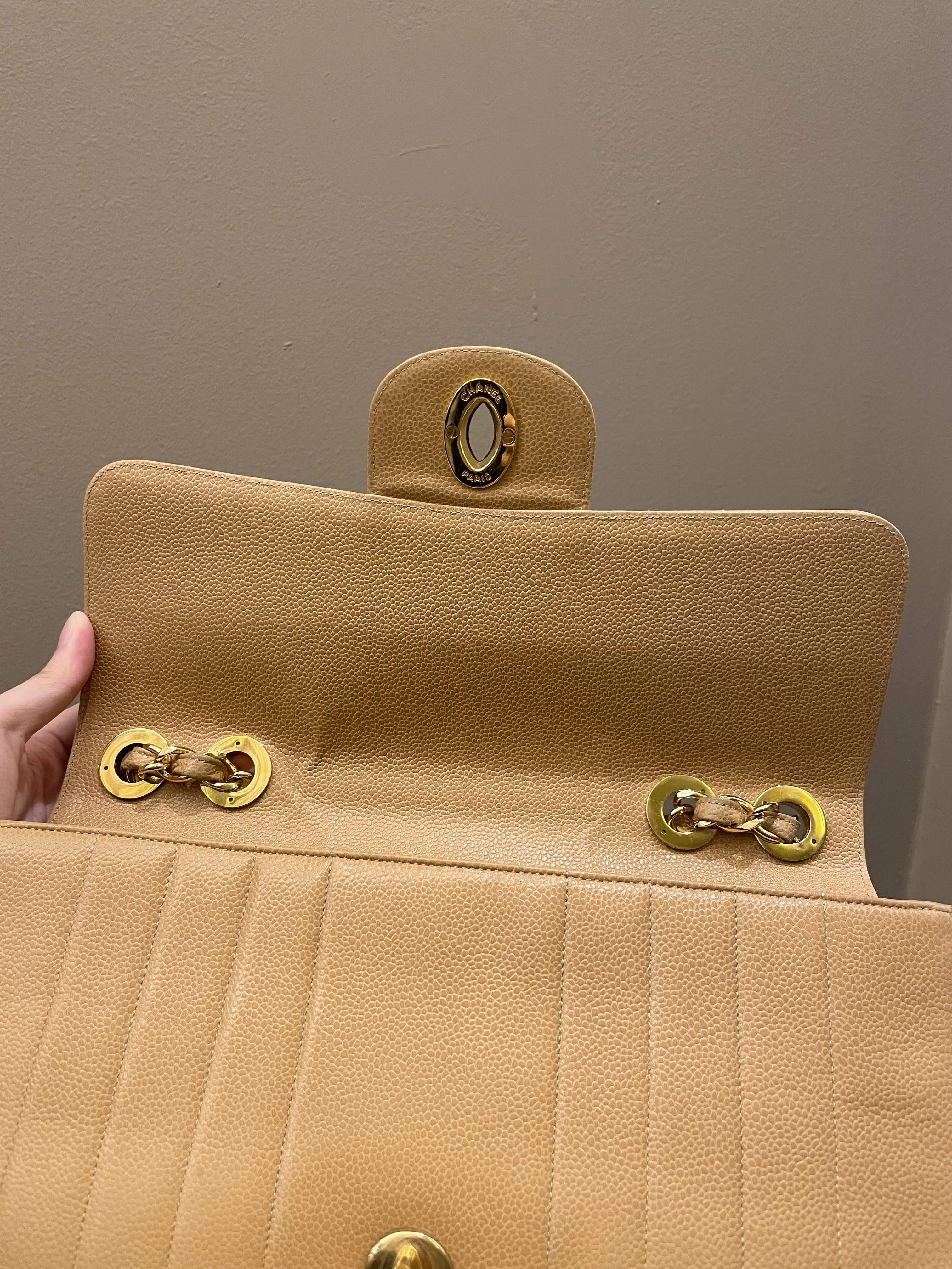Chanel Vintage Vertical XL Cc Flap Dark Beige Gold Caviar