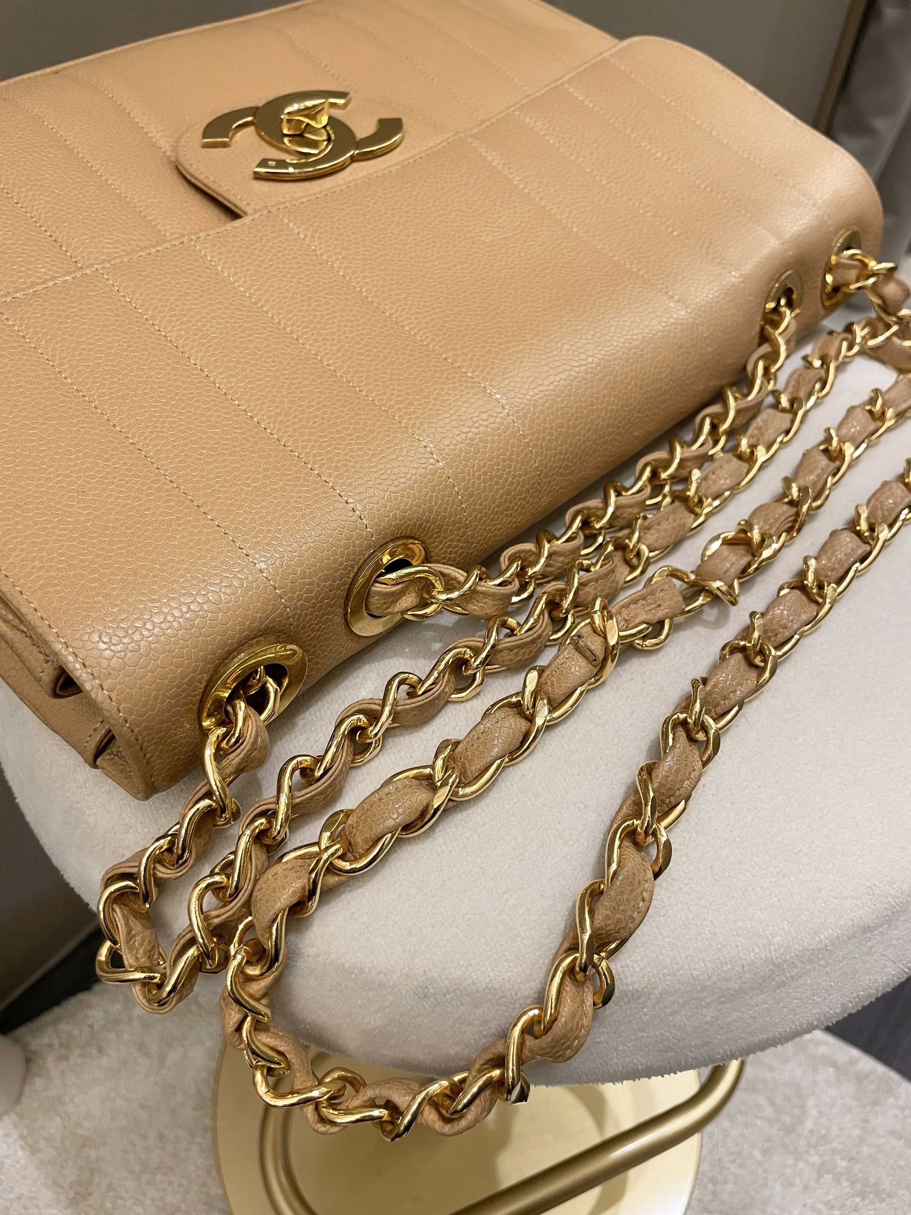 Chanel Vintage Vertical XL Cc Flap Dark Beige Gold Caviar