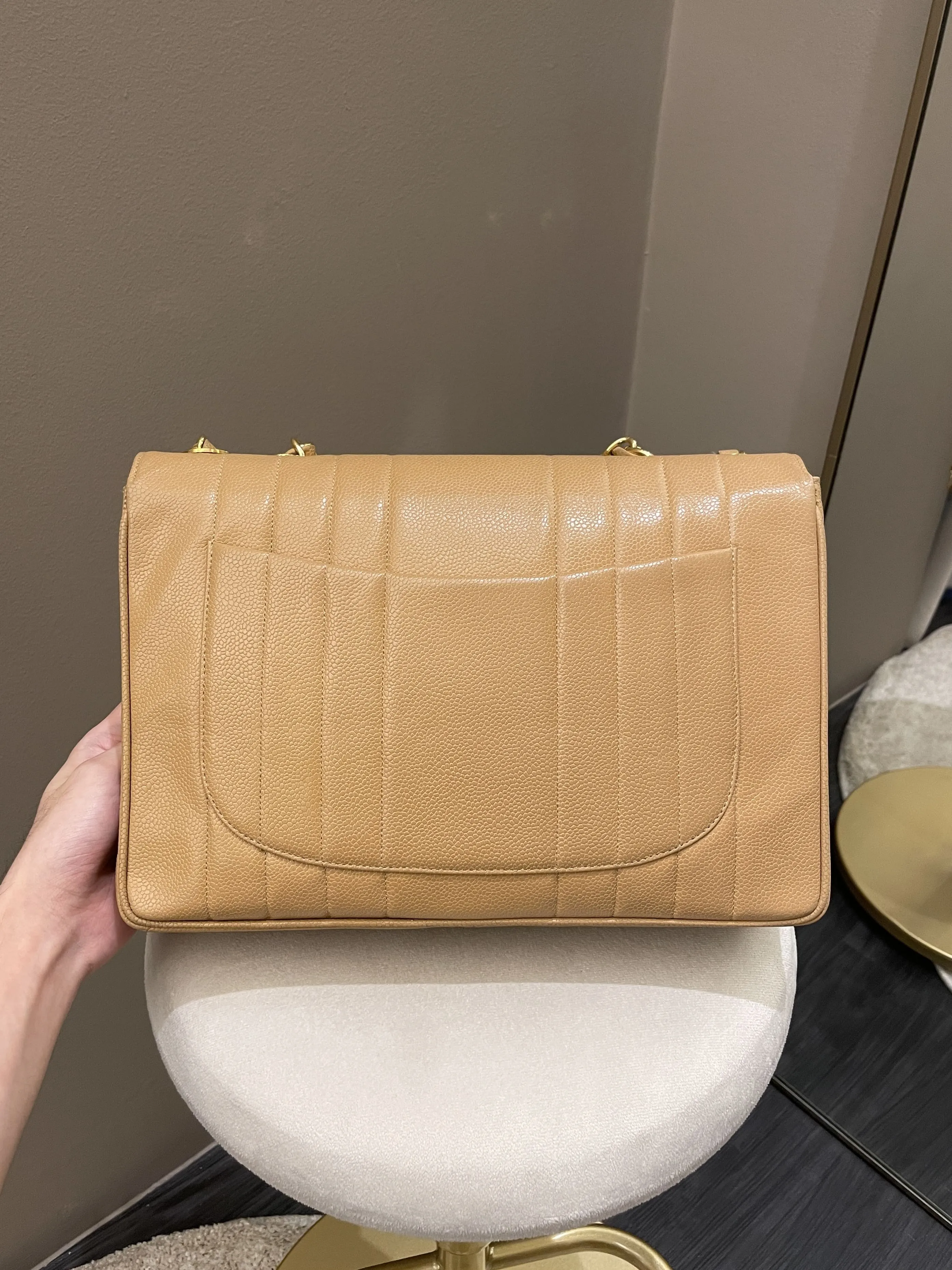 Chanel Vintage Vertical XL Cc Flap Dark Beige Gold Caviar