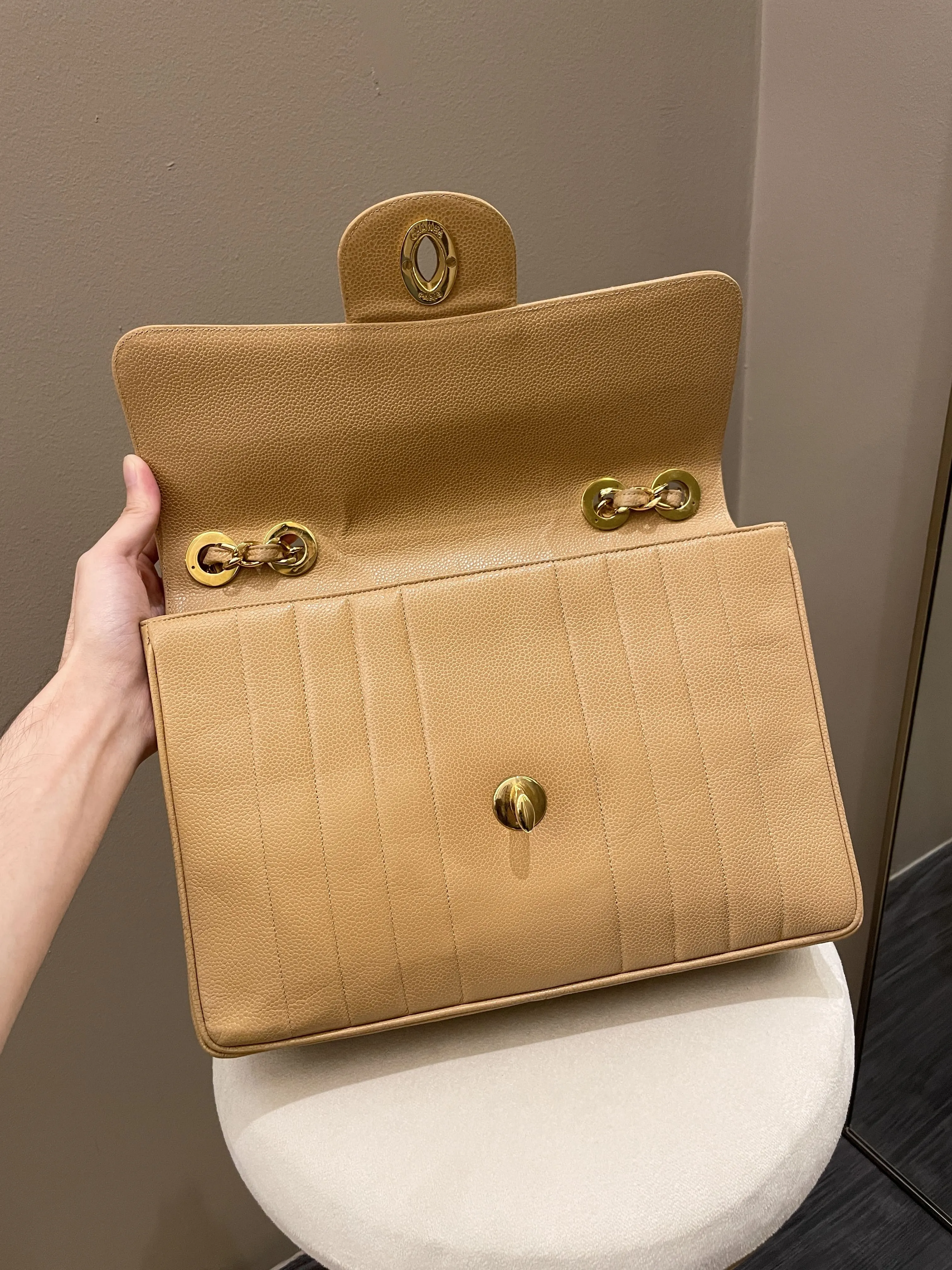 Chanel Vintage Vertical XL Cc Flap Dark Beige Gold Caviar