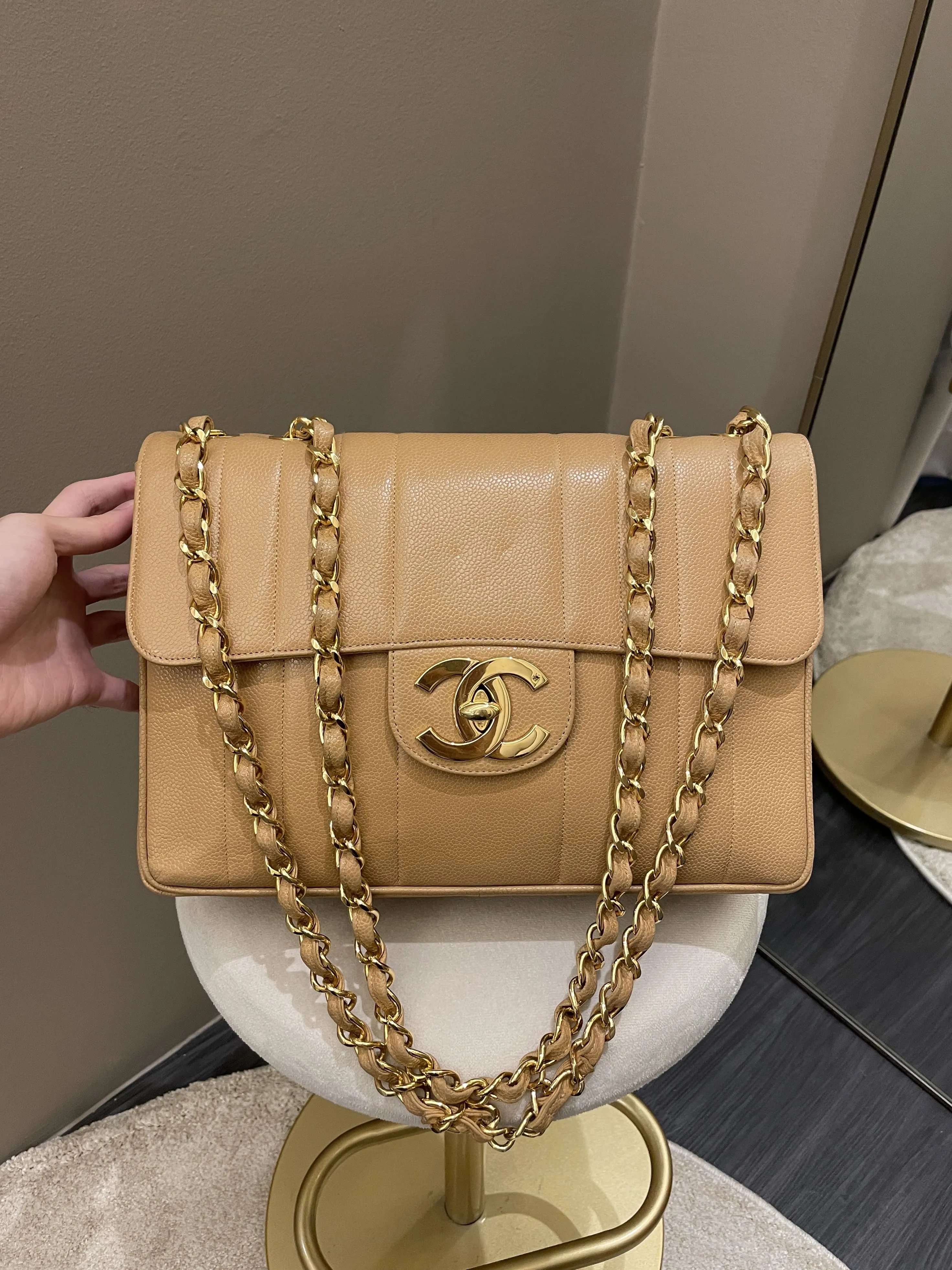 Chanel Vintage Vertical XL Cc Flap Dark Beige Gold Caviar