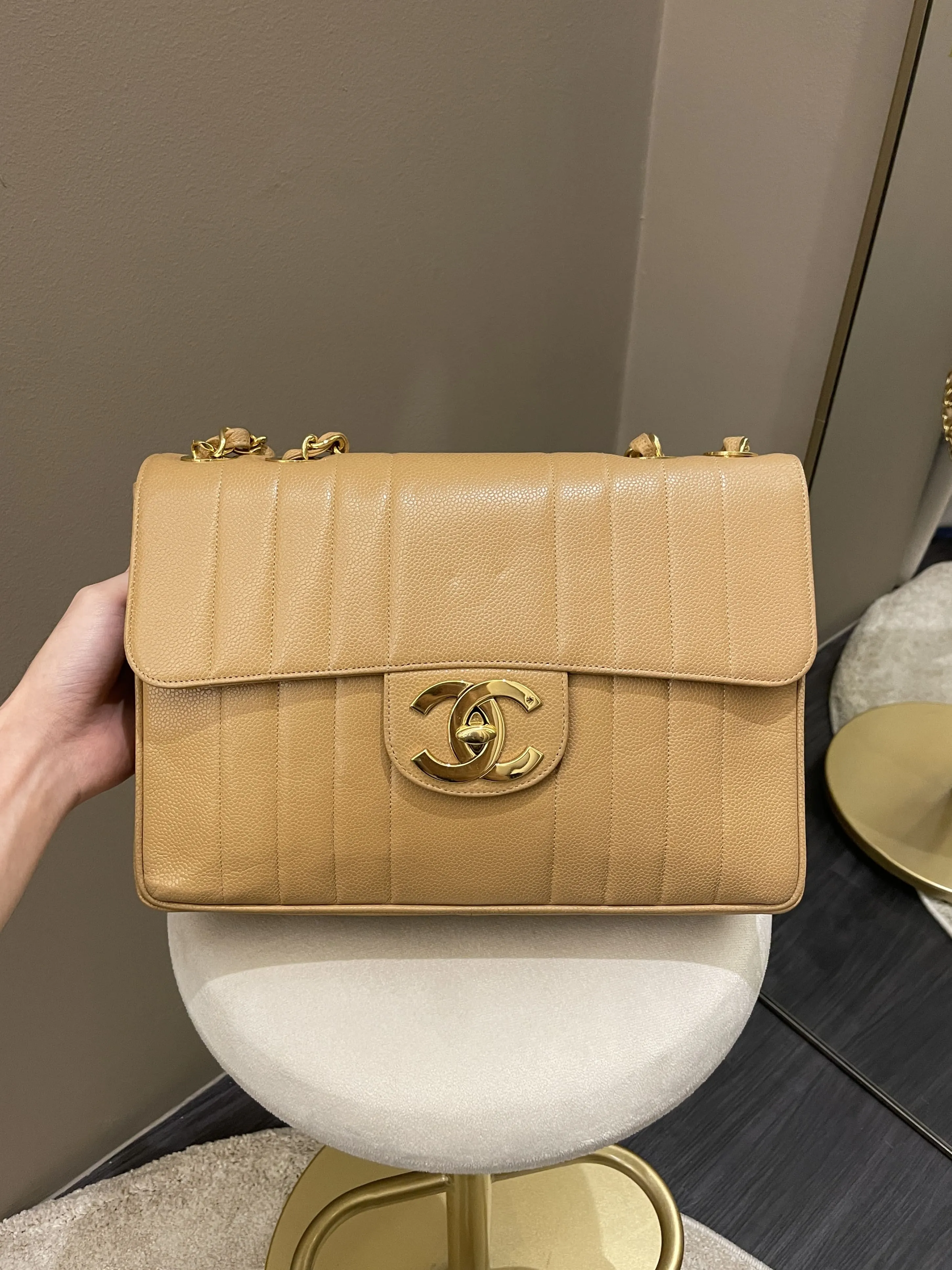 Chanel Vintage Vertical XL Cc Flap Dark Beige Gold Caviar