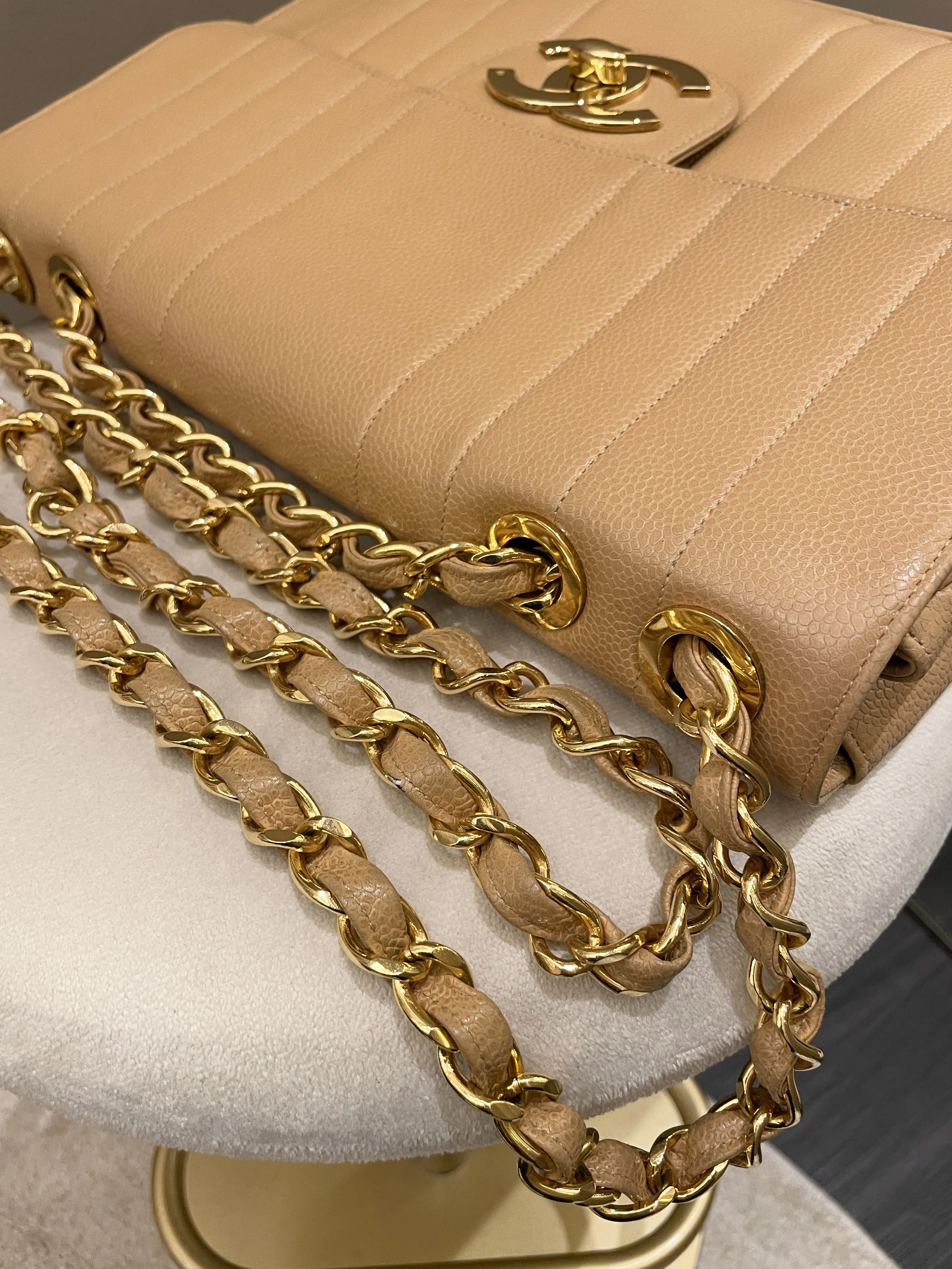 Chanel Vintage Vertical XL Cc Flap Dark Beige Gold Caviar