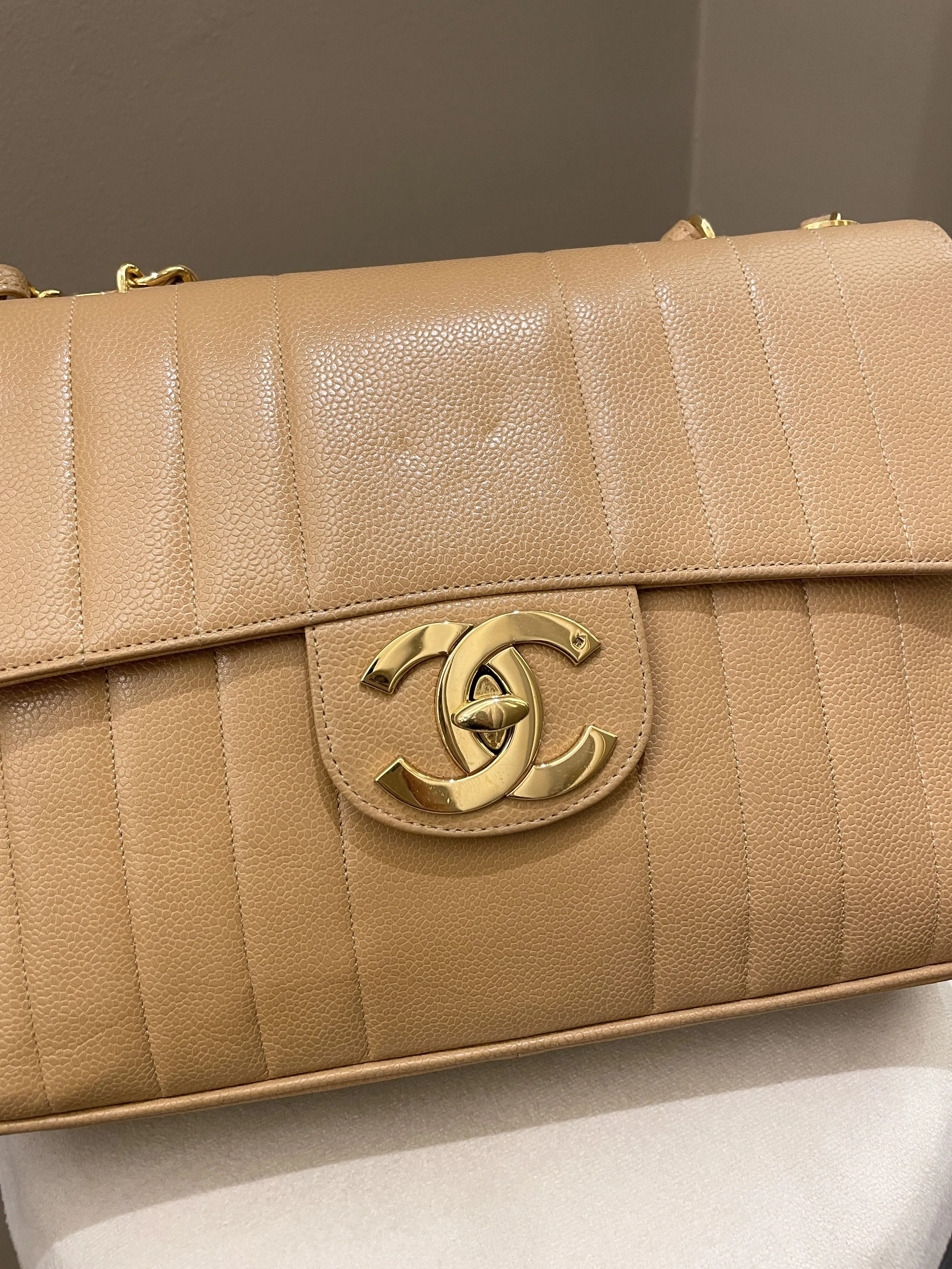 Chanel Vintage Vertical XL Cc Flap Dark Beige Gold Caviar