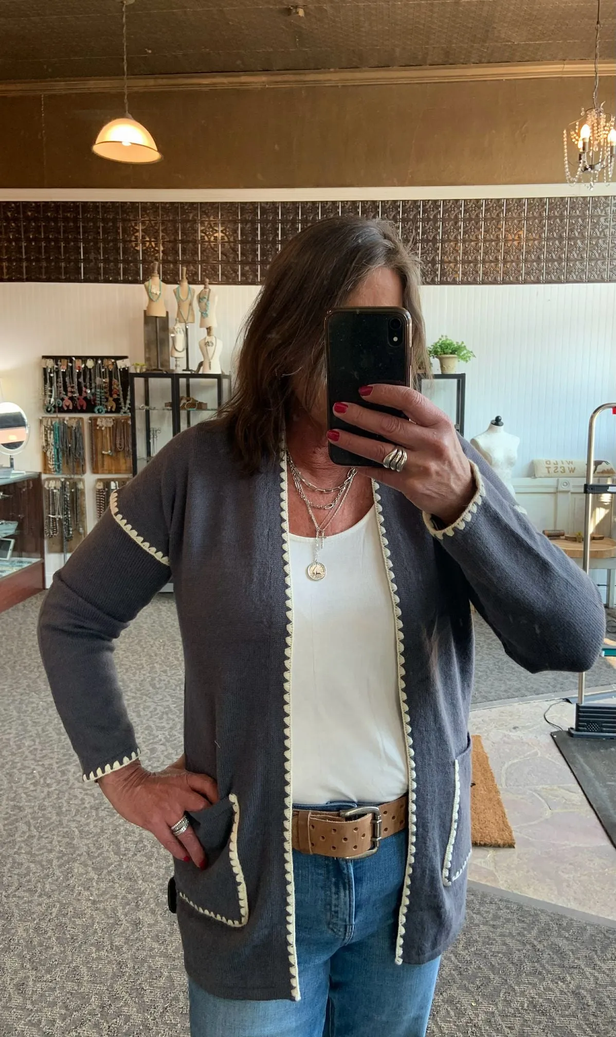 Charcoal Blanket Stitch Pocketed Cardigan - S to XL