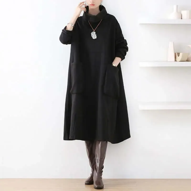 Chic Black Turtleneck A-line Dress with Pockets for Women