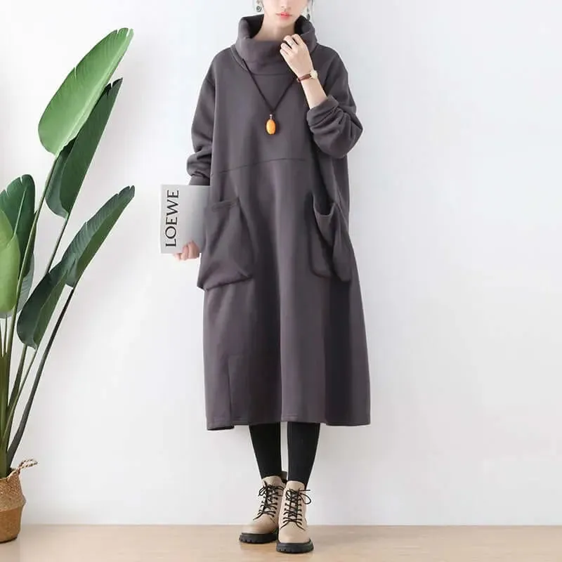 Chic Black Turtleneck A-line Dress with Pockets for Women
