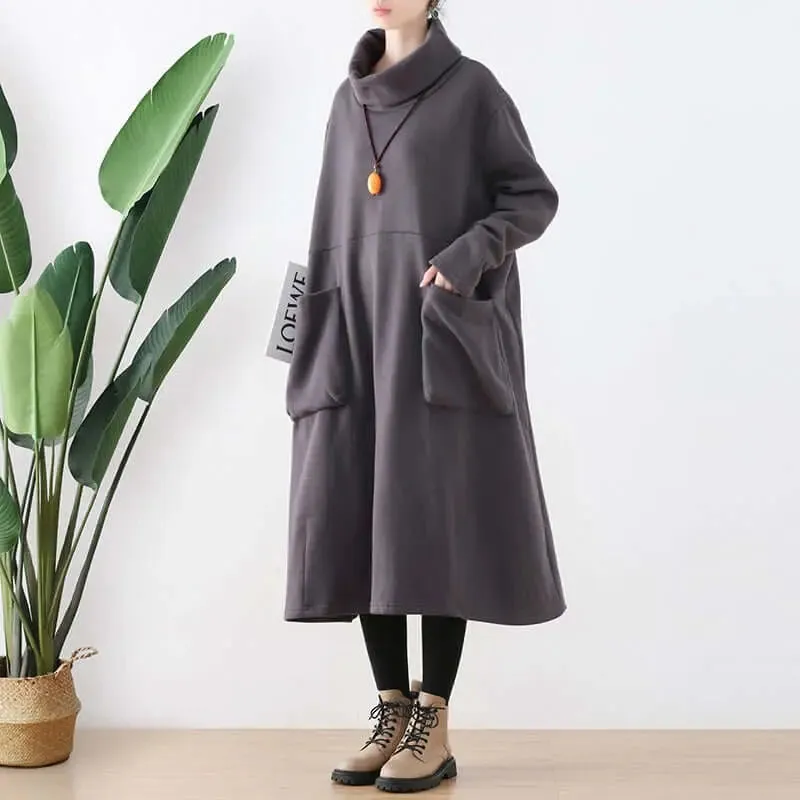 Chic Black Turtleneck A-line Dress with Pockets for Women