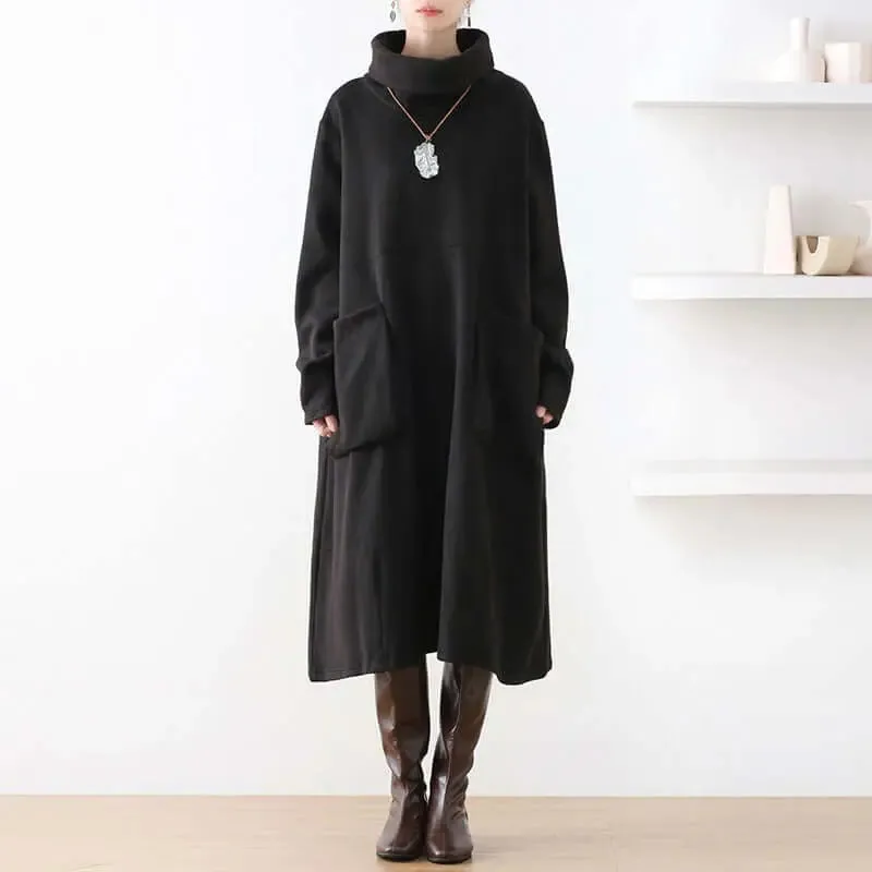 Chic Black Turtleneck A-line Dress with Pockets for Women