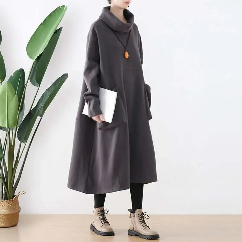 Chic Black Turtleneck A-line Dress with Pockets for Women