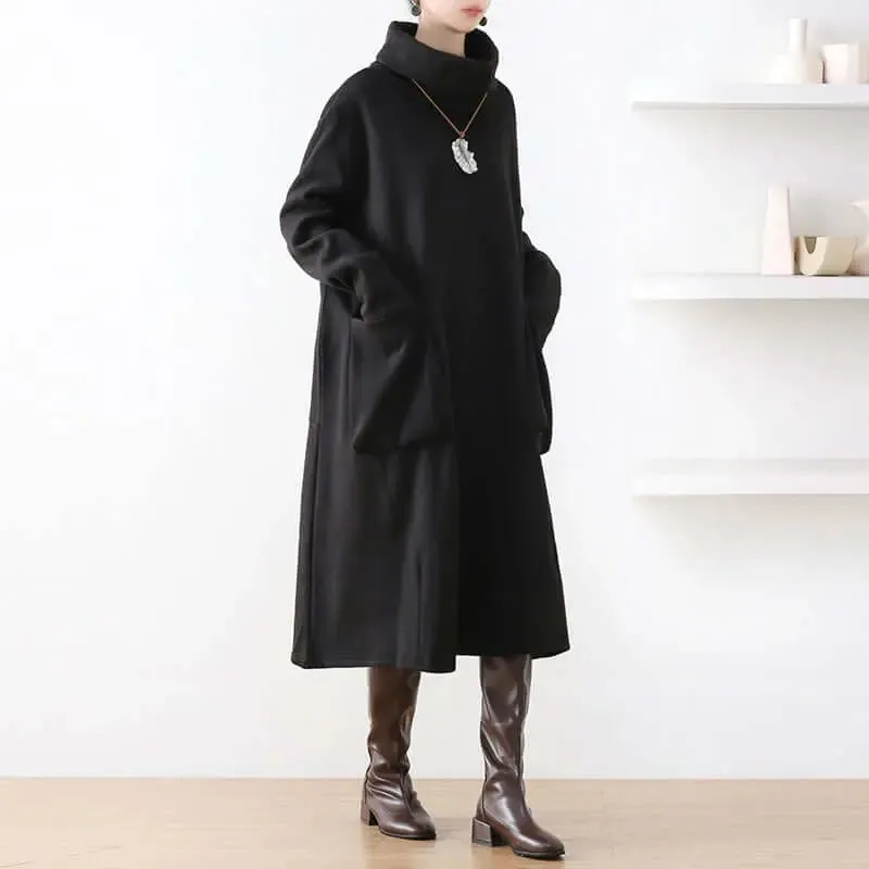 Chic Black Turtleneck A-line Dress with Pockets for Women