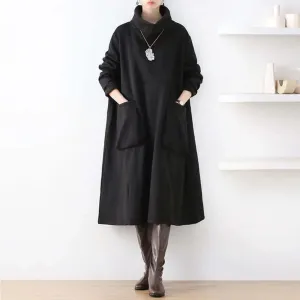 Chic Black Turtleneck A-line Dress with Pockets for Women