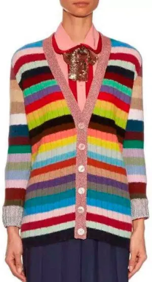 Color-Stripe Knit Cardigan Sweater