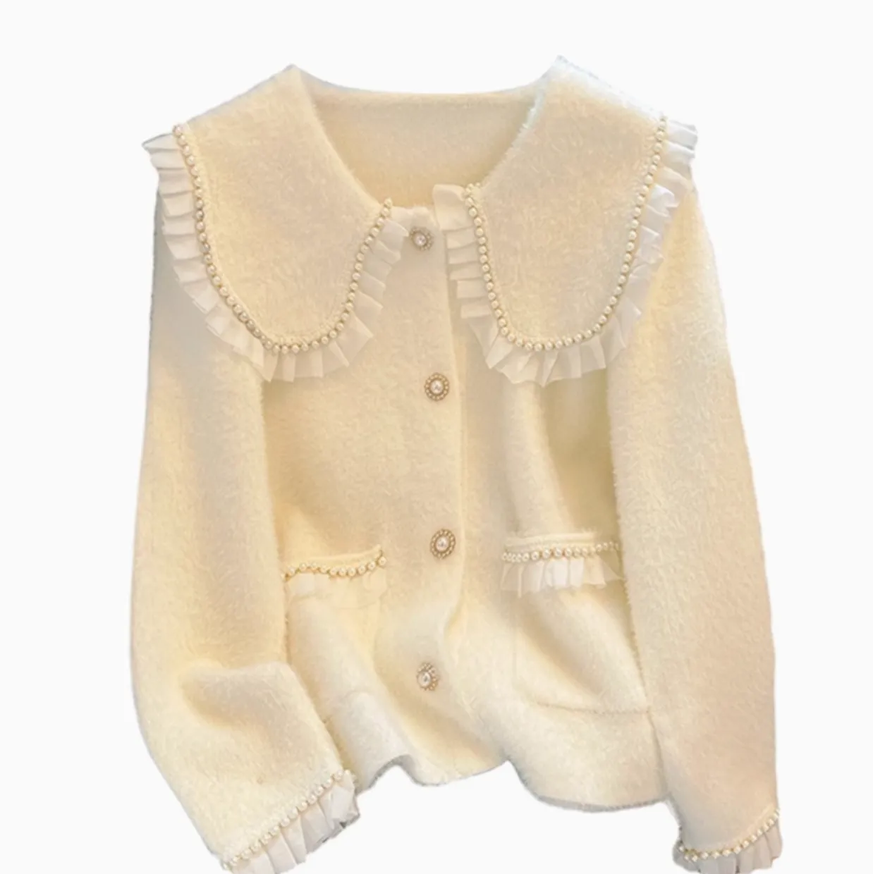 Doll Collar Beaded Ruffled Cardigan