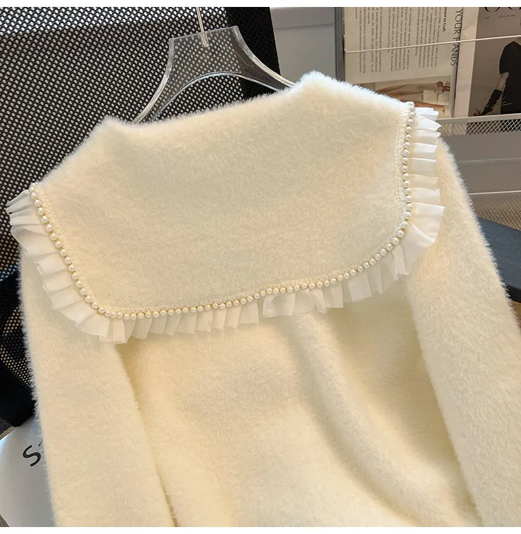 Doll Collar Beaded Ruffled Cardigan