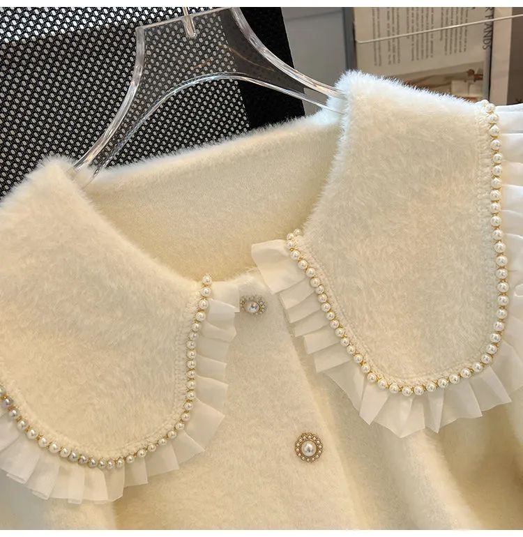 Doll Collar Beaded Ruffled Cardigan