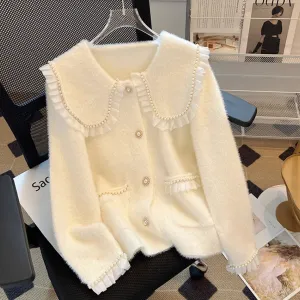 Doll Collar Beaded Ruffled Cardigan