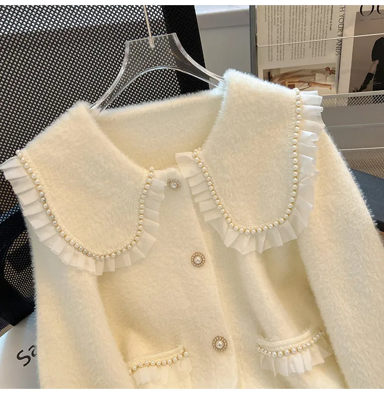 Doll Collar Beaded Ruffled Cardigan