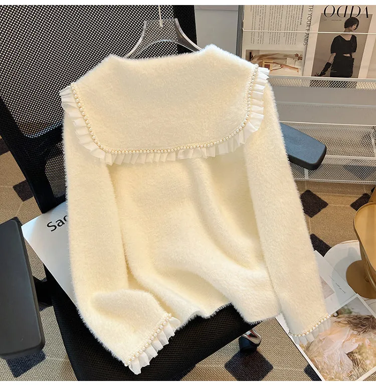 Doll Collar Beaded Ruffled Cardigan