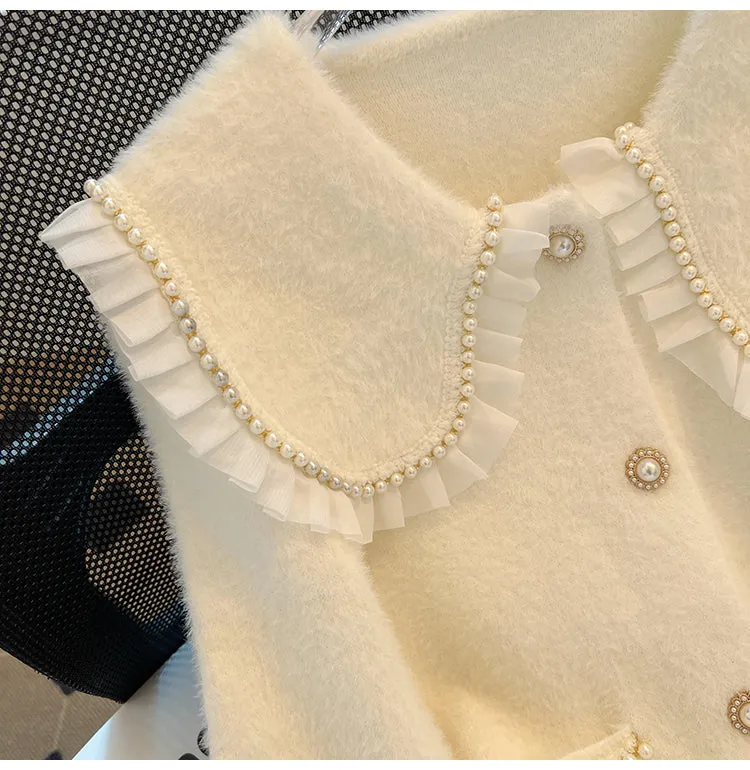 Doll Collar Beaded Ruffled Cardigan