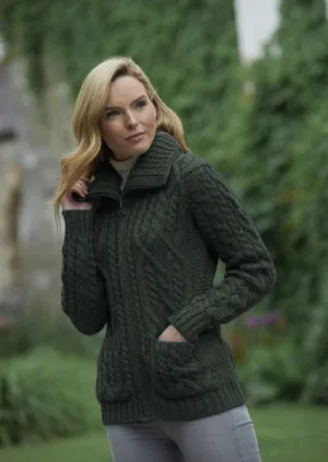 Double Collar Aran Zipper Cardigan | Green