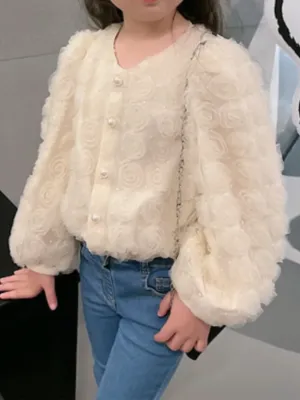 Elegant Girls Cardigan with Floral Lace Design in Beige