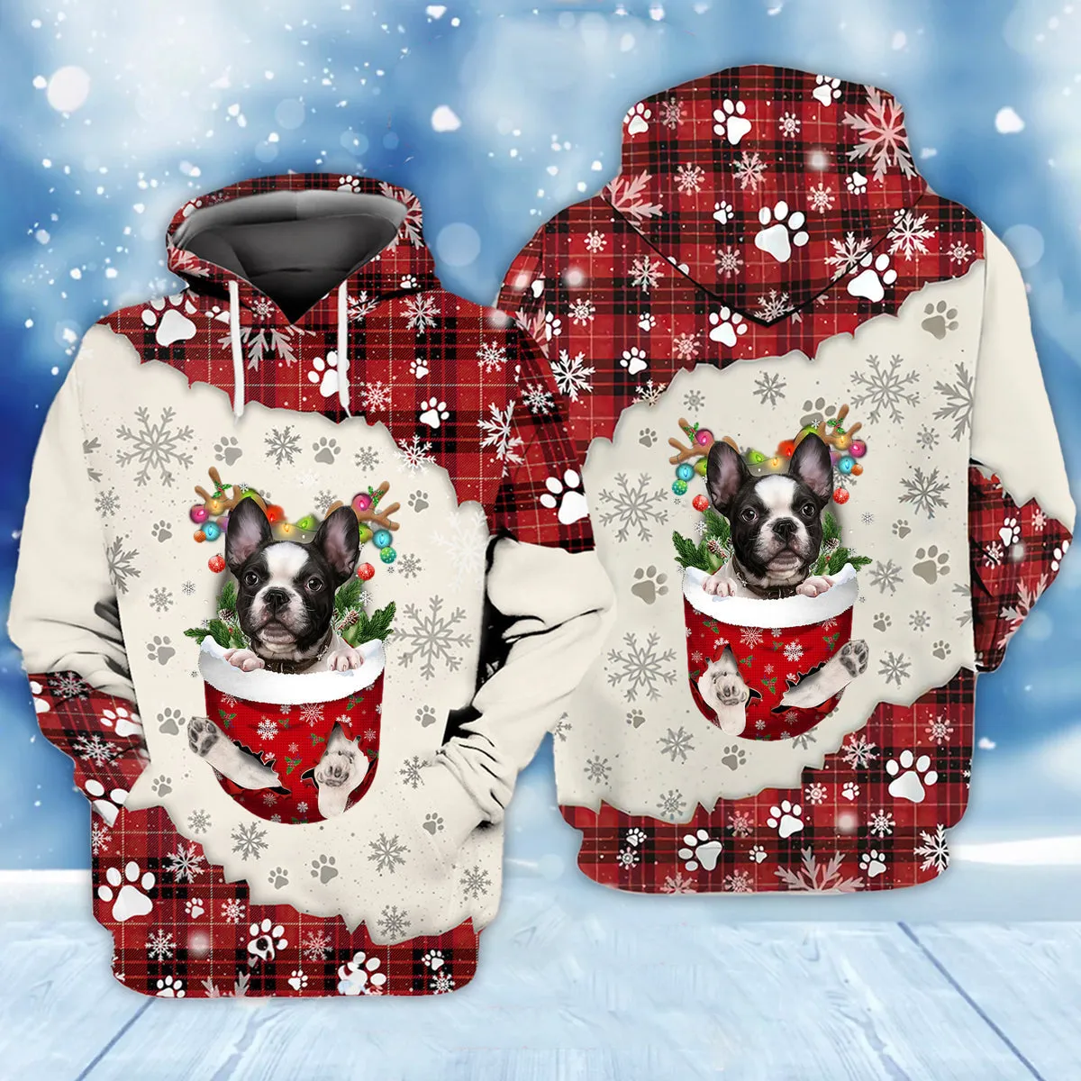 French Bulldog In Snow Pocket Merry Christmas Unisex Hoodie