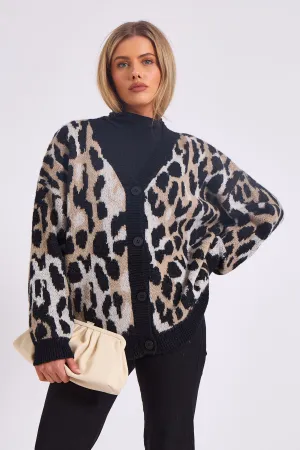 Grey Animal Oversized Button Through Cardigan