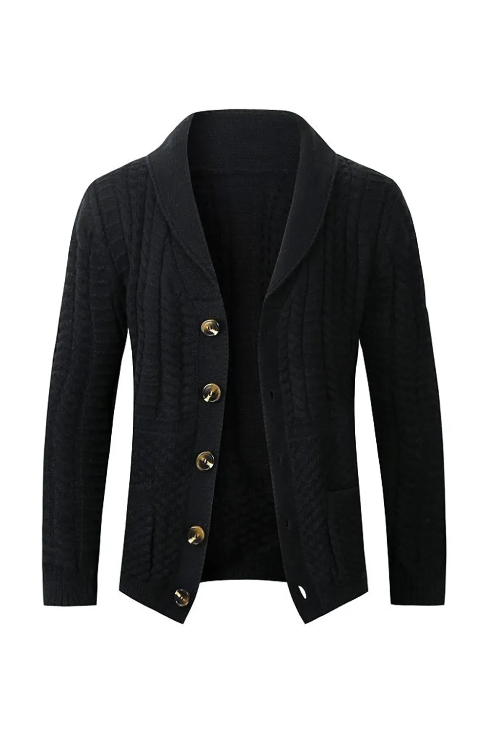 Grey Men's Casual Shawl Lapel Cardigan Button Down Cable Knitted Sweater