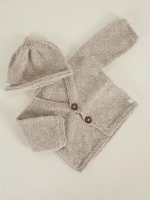 Hand Knitted Classic Cardigan & Beanie Set | Oatmeal 0-3 Months