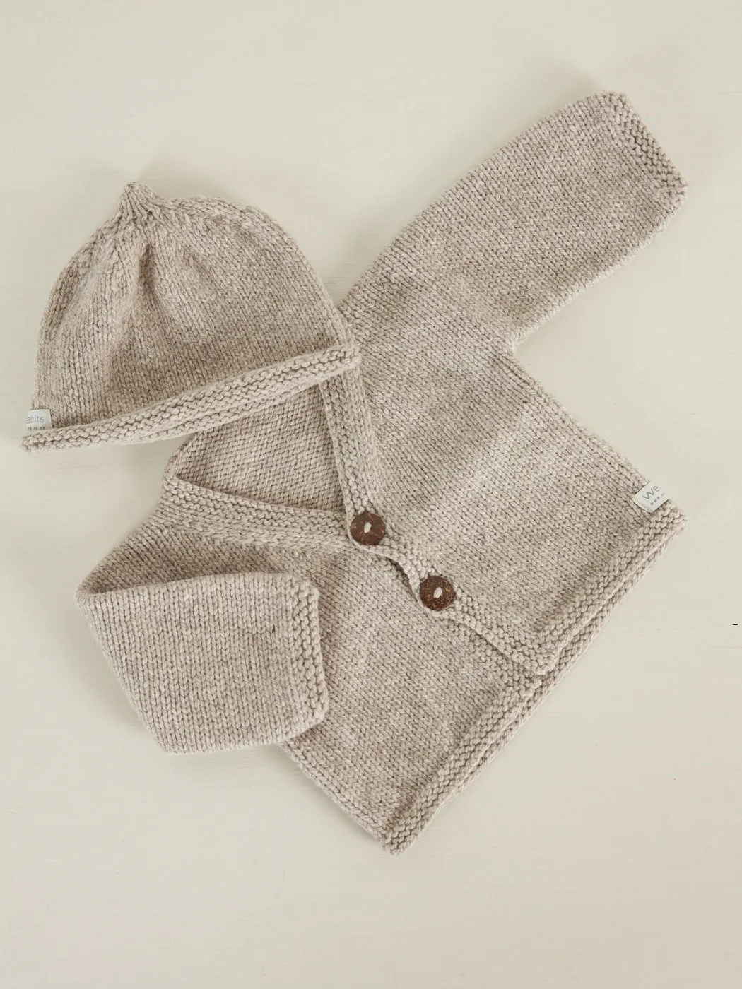 Hand Knitted Classic Cardigan & Beanie Set | Oatmeal 0-3 Months