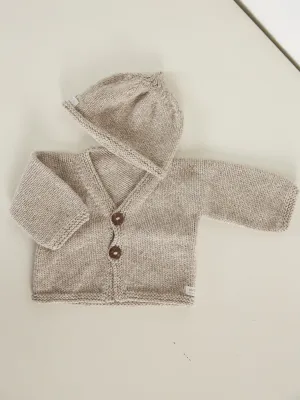 Hand Knitted Classic Cardigan & Beanie Set | Oatmeal 3-6 Months
